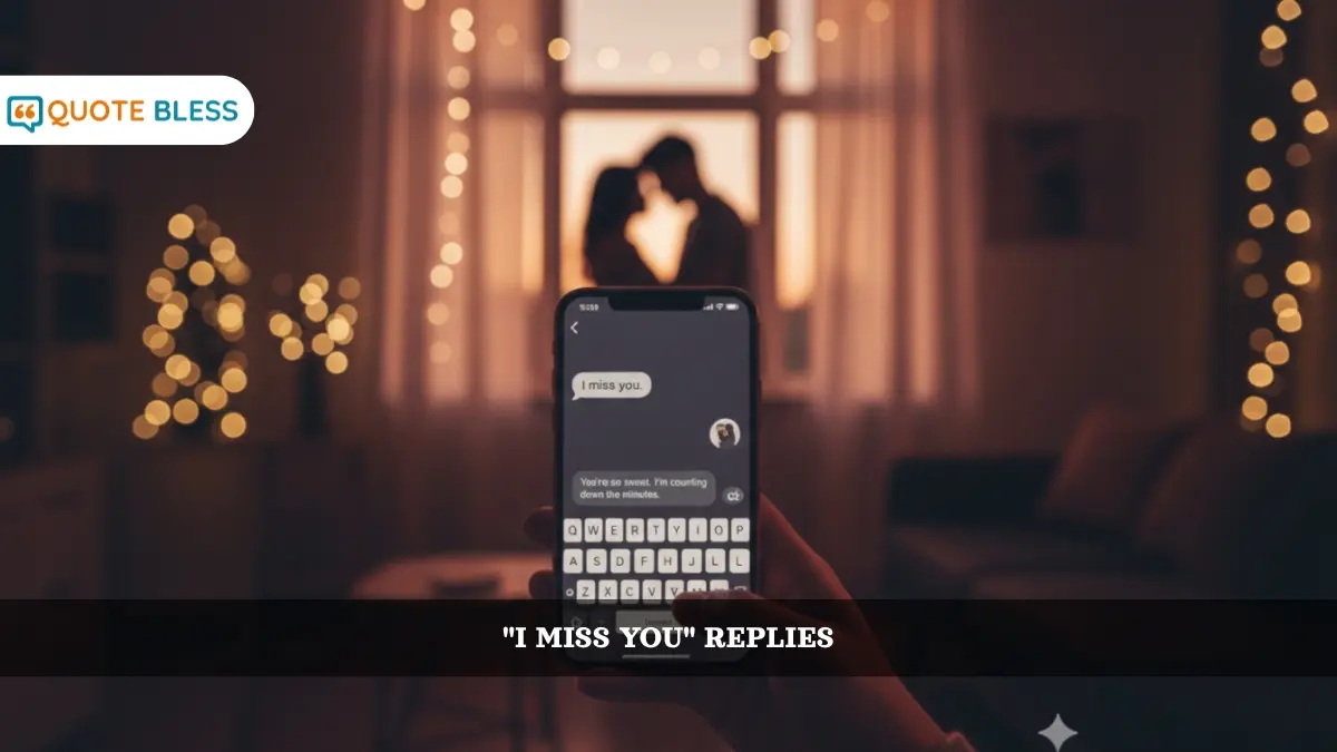 A phone screen with a glowing "I Miss You" text, and a silhouette of two people almost touching.